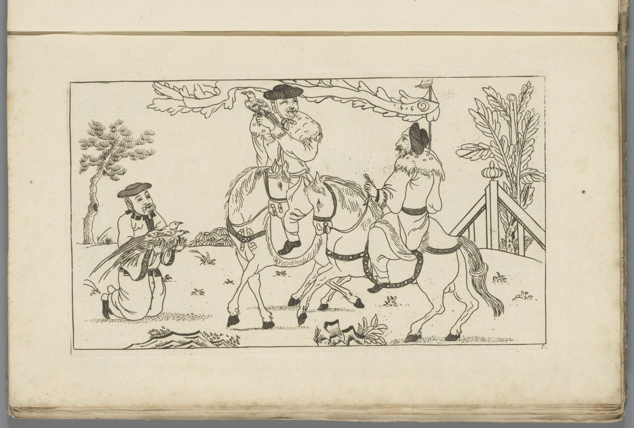 Paisaje chino con dos jinetes
Nuevo chino inventado, dibujado con gran dificultad y dado en Lay, por P: Schenk Jun (...), primera parte (título de la serie) de Pieter Schenk (II)
