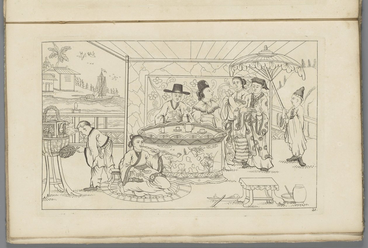 Figuras chinas alrededor de una mesa de té
Nuevas figuras chinas inventadas dibujadas con gran dificultad y dadas en Lay, por P. Schenk Jun (...), segundo volumen (título de la serie) de Pieter Schenk (II)