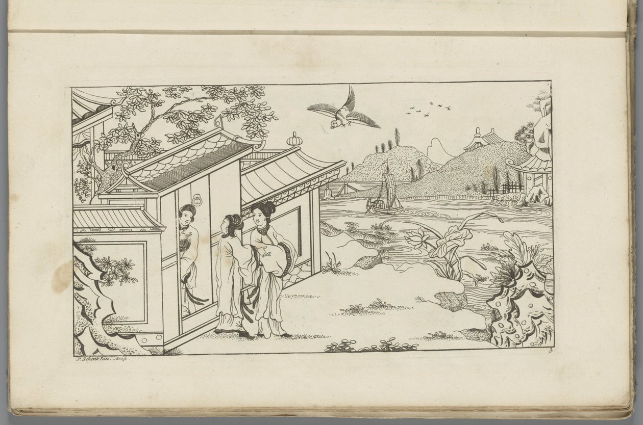 Paisaje con tres mujeres chinas en la puerta de una casa
Nuevo chino inventado, dibujado con gran dificultad y dado en Lay, por P: Schenk Jun (...), primera parte (título de la serie) de Pieter Schenk (II)