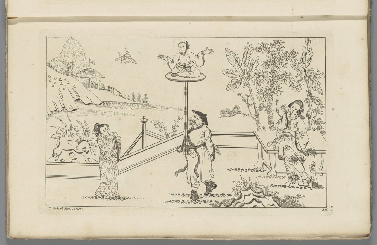 Paisaje con una figura sentada con las piernas cruzadas sobre una plataforma
New invented Sineesen met groote moeyte geteekent en 