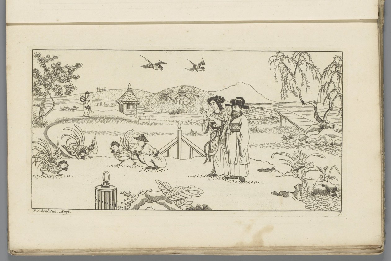 Paisaje con espectadores en una pelea de gallos
Nuevo chino inventado, dibujado con gran dificultad y dado en Lay, por P: Schenk Jun (...), primera parte (título de la serie) de Pieter Schenk (II)