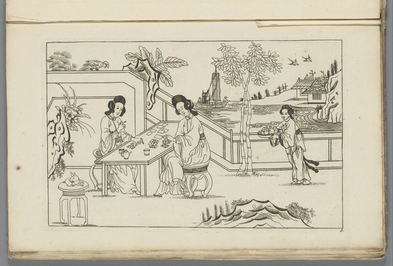 Paisaje con dos mujeres chinas jugando una partida de cartas
Nuevo chino inventado, dibujado con gran dificultad y dado en Lay, por P: Schenk Jun (...), primera parte (título de la serie) de Pieter Schenk (II)