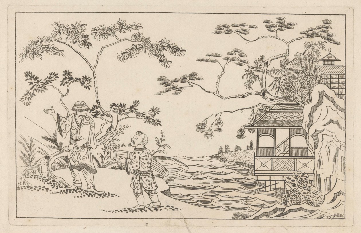 Dos chinos en un paisaje
Nuevo chino inventado, dibujado con gran dificultad y dado en Lay, por P: Schenk Jun (...), primera parte (título de la serie) de Pieter Schenk (II)