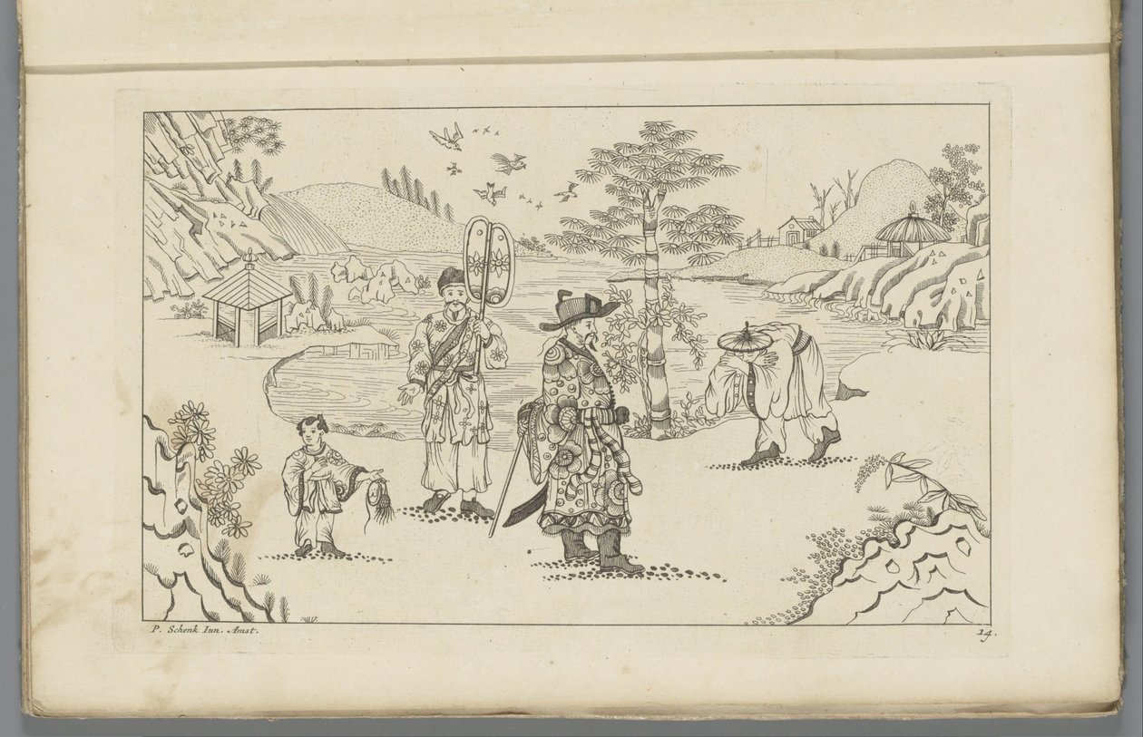 Cuatro figuras chinas en un paisaje
Nuevas figuras chinas inventadas dibujadas con gran dificultad y dadas en Lay, por P. Schenk Jun (...), segundo volumen (título de la serie) de Pieter Schenk (II)