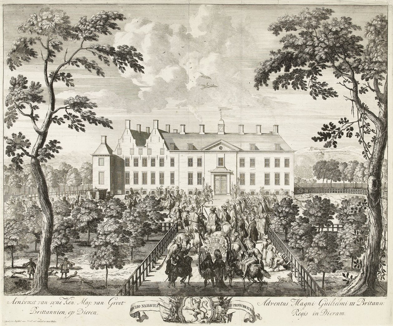 Llegada de Guillermo III al pabellón de caza, Hof te Dieren, 1691 de Pieter Schenk