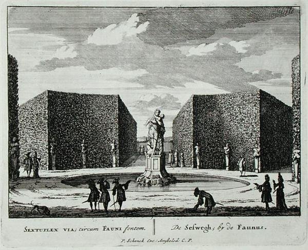 Seto hexagonal junto a una fuente de fauno, de 