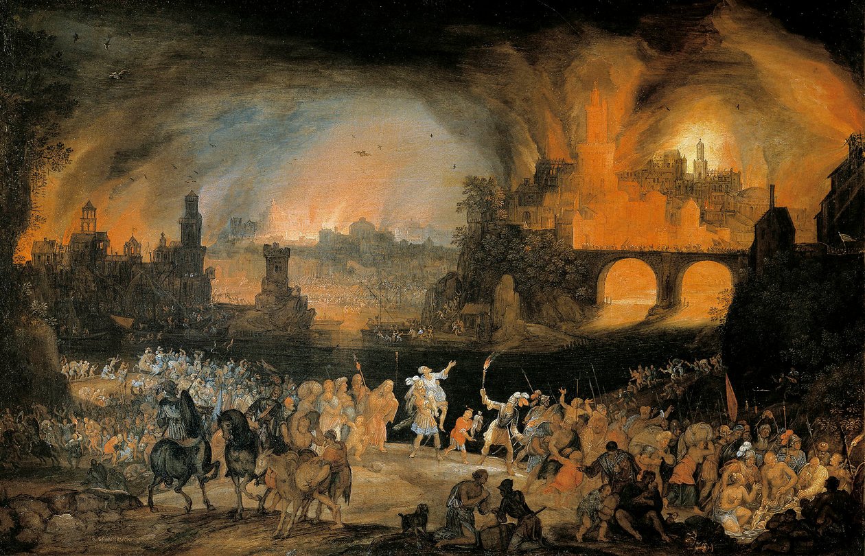 El incendio de la ciudad de Troya. Pintura de Pieter Schoubroeck (1570-1607). 1606. Kunsthistorisches Museum Viena Austria de Pieter Schoubroeck