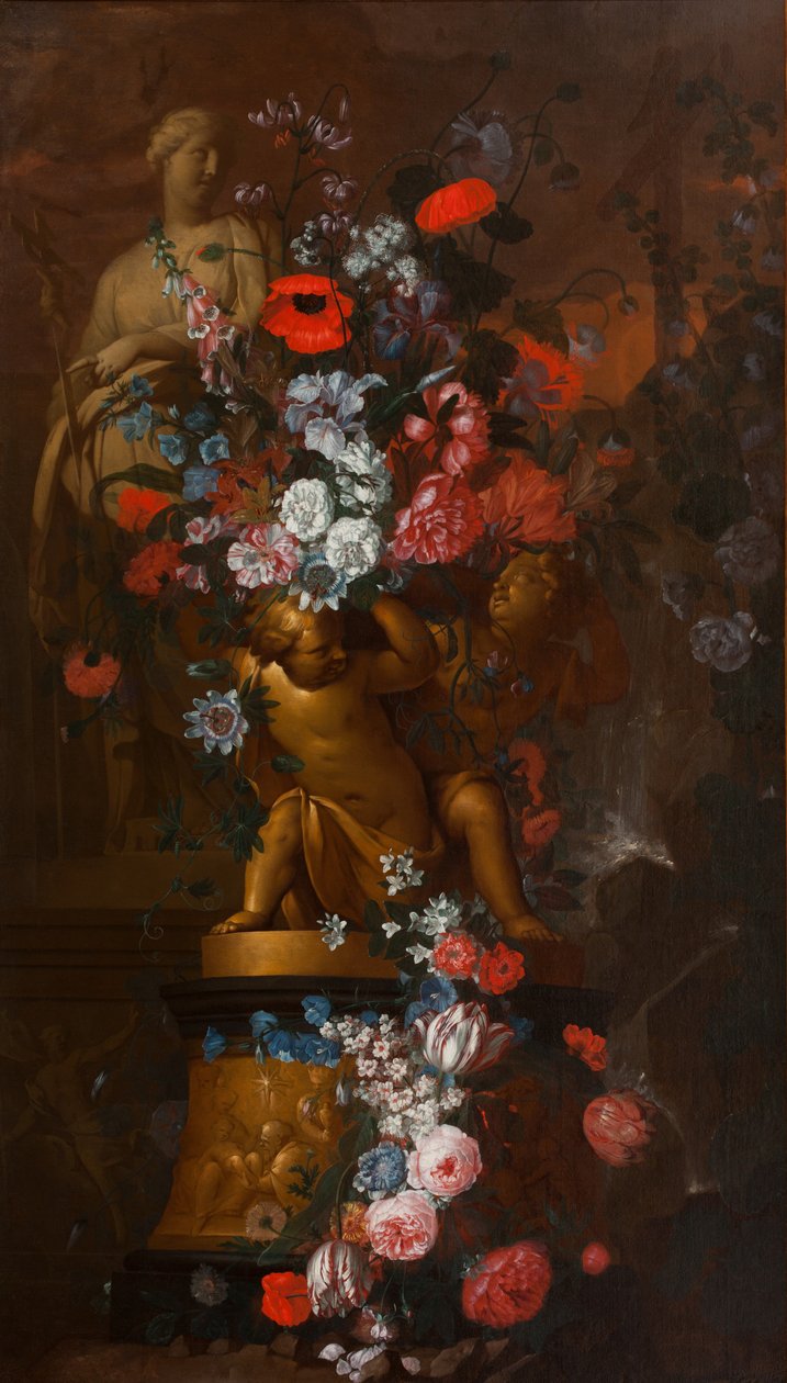 Flores en cascada con esculturas de una santa y putti dorados sobre una base con un belén en un jardín al atardecer, c.1690-1750 (óleo sobre lienzo) de Pieter & Terwesten Mattheus (1670-1757) Hardime