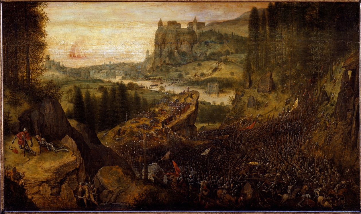 Batalla entre filisteos e israelitas: Saúl y su escudero se lanzan sobre su espada de Pieter Bruegel the Elder