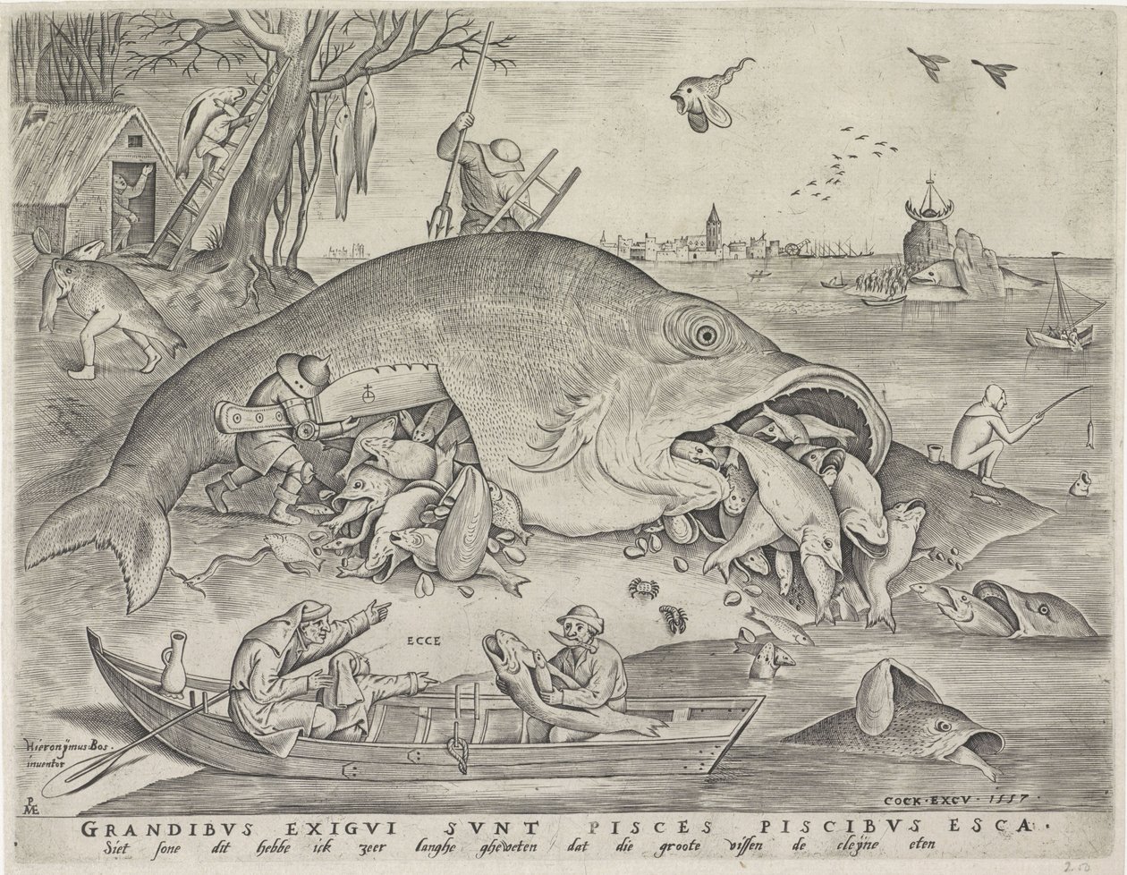 Los peces grandes se comen a los pequeños, grabado por Pieter van der Heyden, 1557 de Pieter The Elder after Brueghel