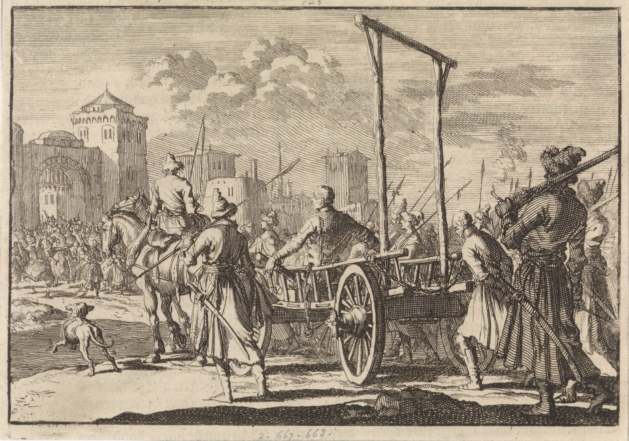 Llegada de Stepán Razin y su hermano Frol en una jaula de hierro en Moscú, 1671, 1698 de Pieter Van der Aa