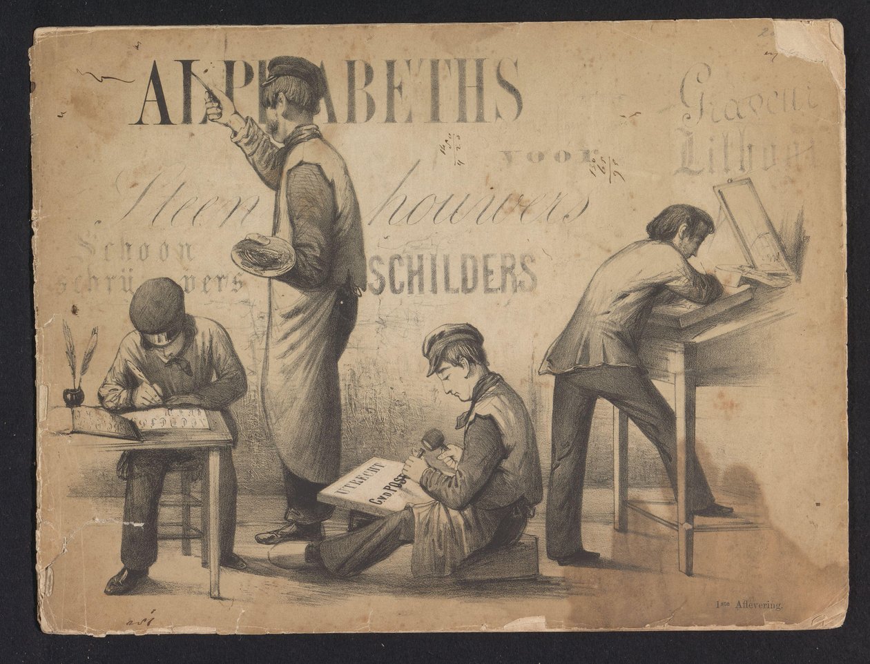 Álbum de fuentes Alfabetos para albañiles, calígrafos, pintores, grabadores, litografía (título sobre objeto) de Pieter Wilhelmus van de Weijer