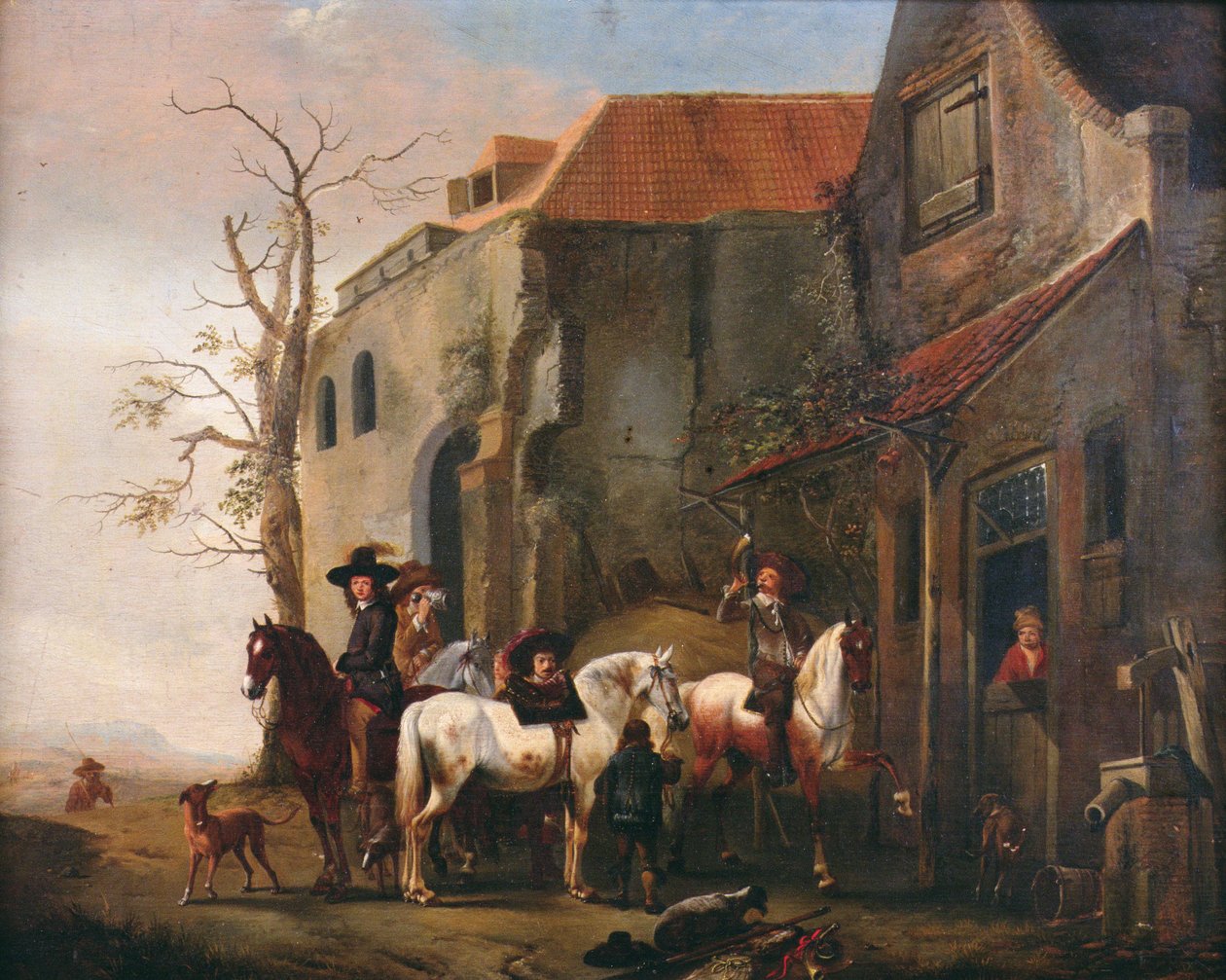 Jinetes y caballos en la puerta de una posada de Pieter Wouwermans or Wouwerman
