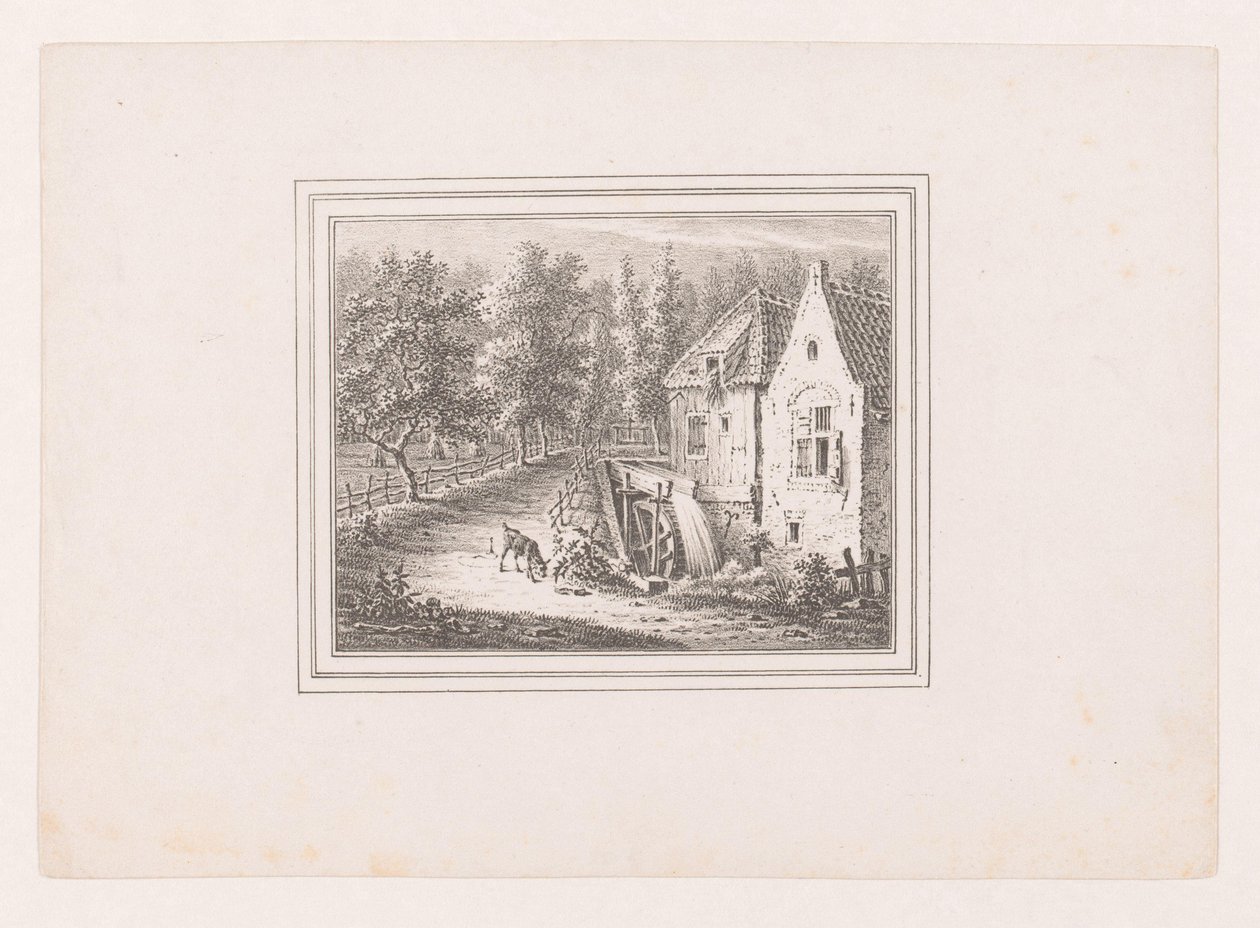 Paisaje con un molino de agua y una cabra pastando atada con una cuerda de Pieter de Goeje