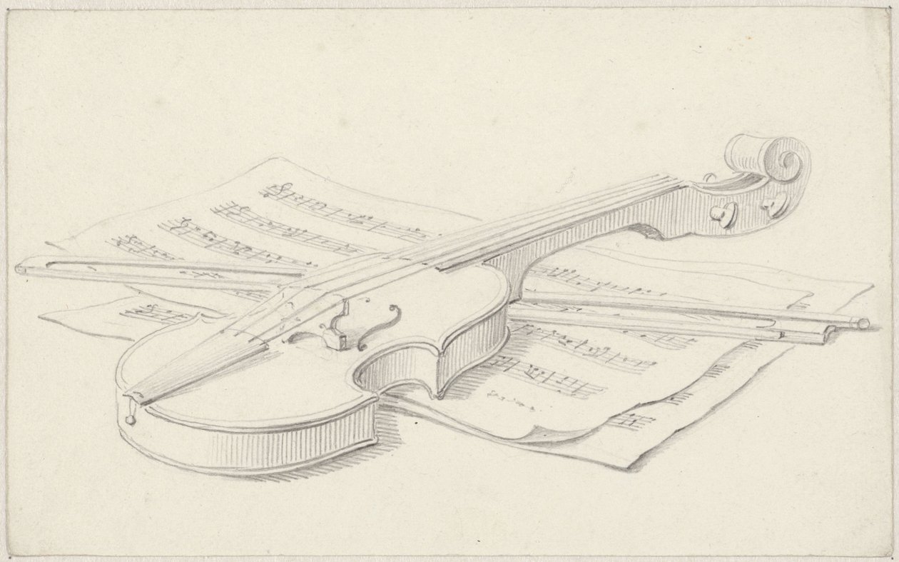 Naturaleza muerta con violín, arco y partitura de Pieter de Goeje
