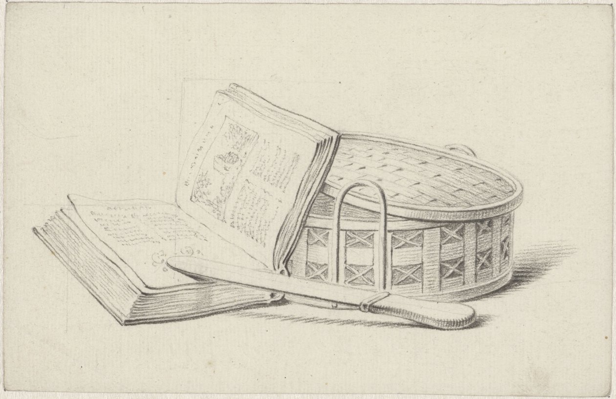 Naturaleza muerta con un libro, un abrecartas y una cestita de Pieter de Goeje