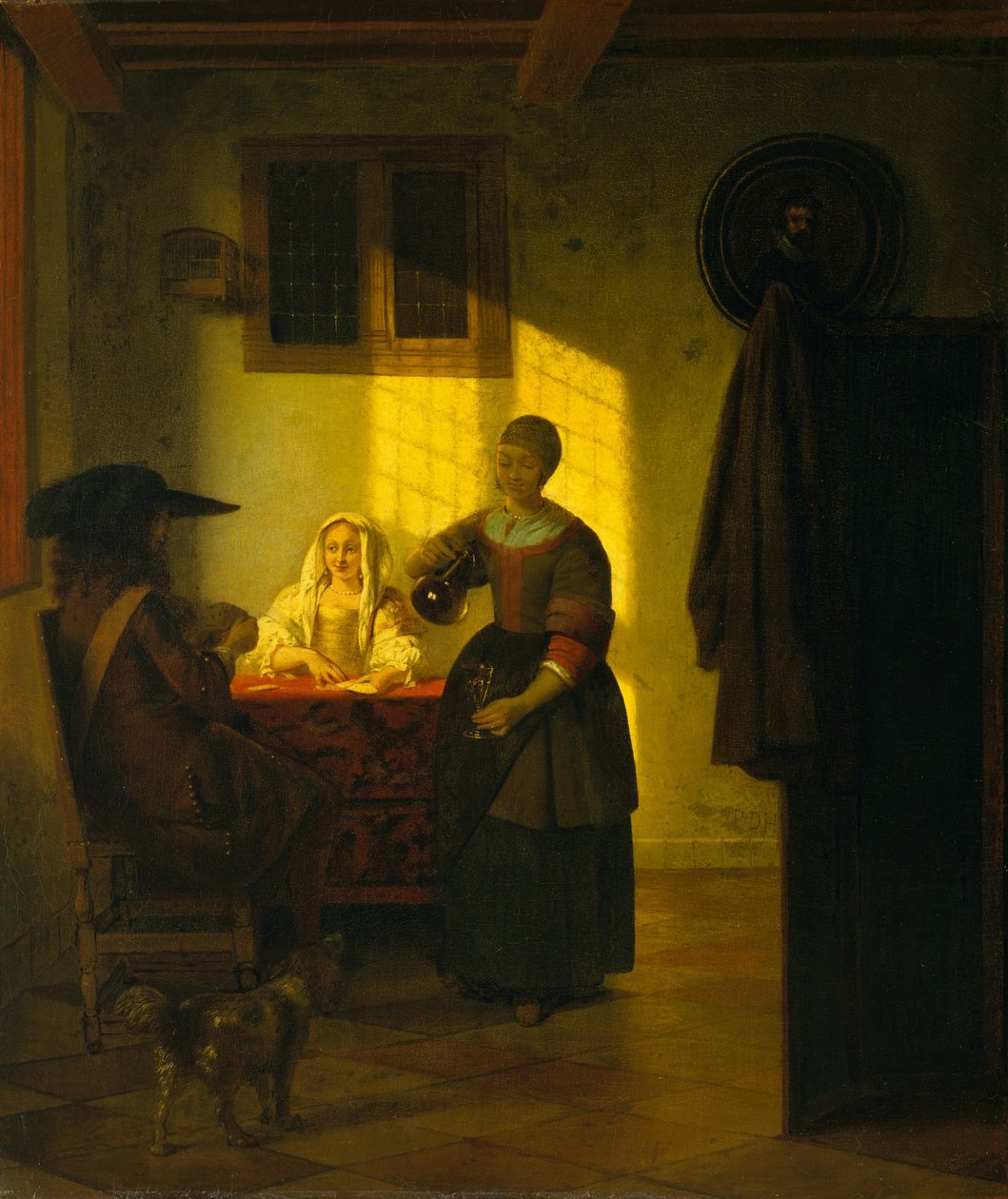 Una pareja jugando a las cartas, con una sirvienta de Pieter de Hooch