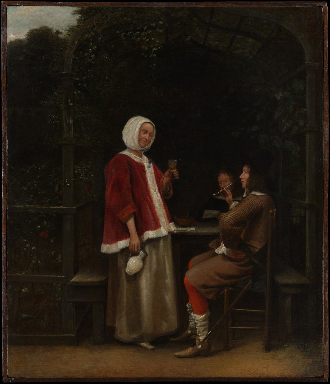Una mujer y dos hombres en un cenador de Pieter de Hooch