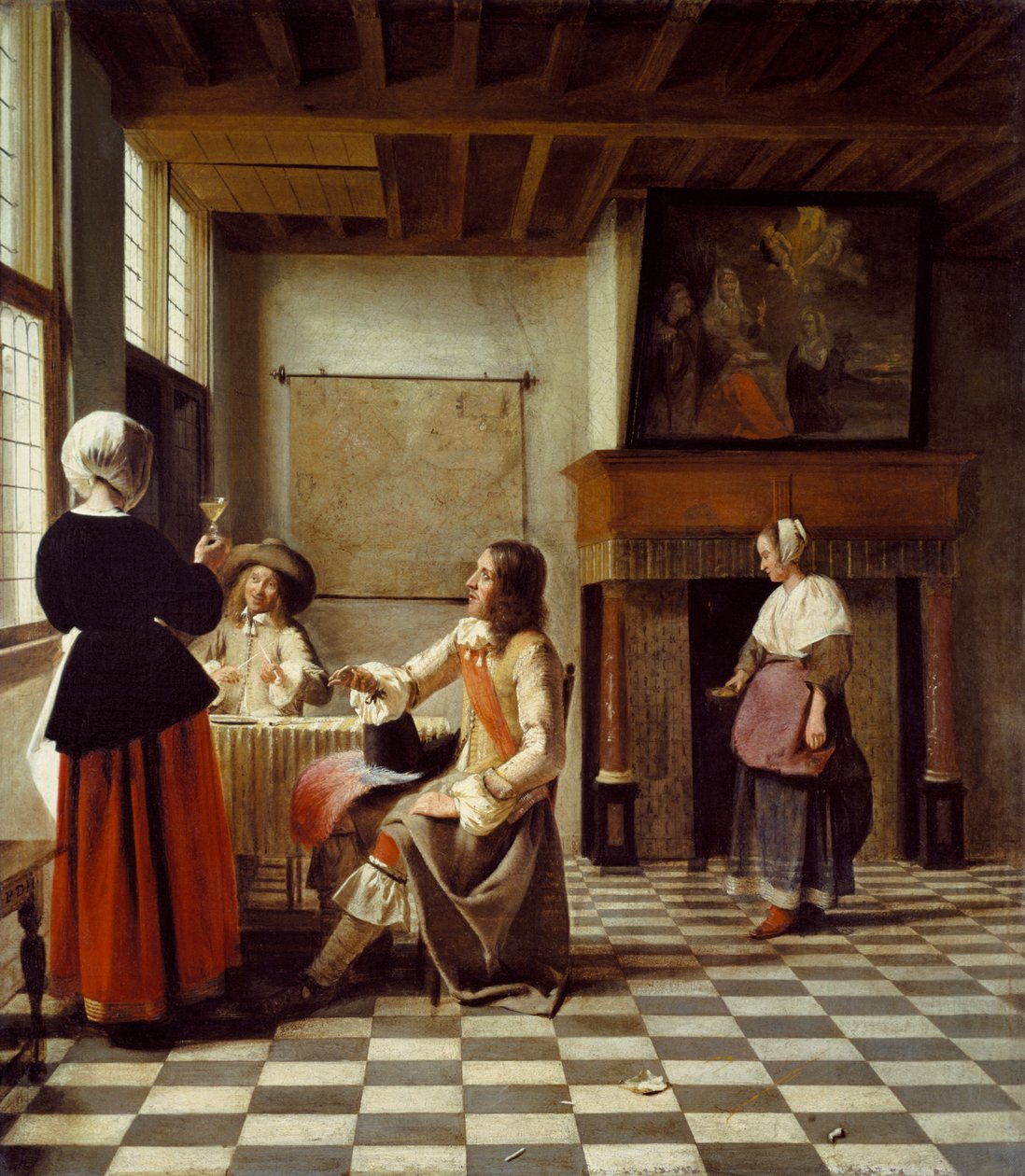 Un interior, con una mujer bebiendo con dos hombres y una sirvienta de Pieter de Hooch