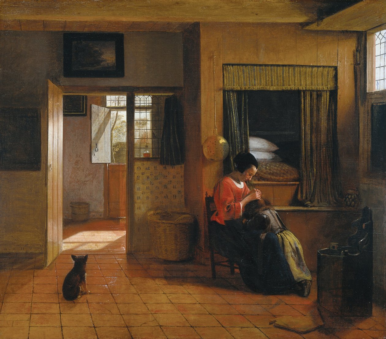 Interior con una madre limpiando el cabello de su hijo, conocido como 