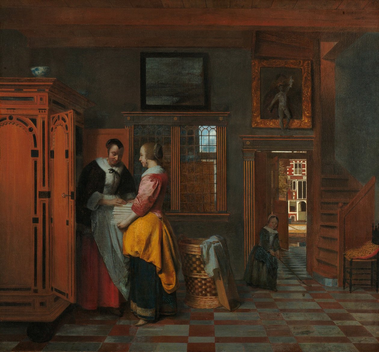 Interior con mujeres junto a un armario de ropa blanca de Pieter de Hooch