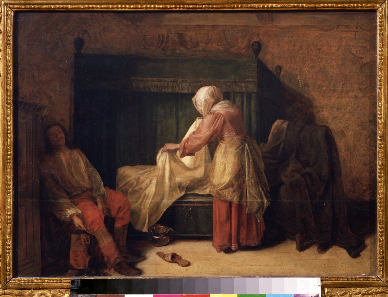 ""The Morning of a Young Man"" (La mañana de un joven) Un joven preparándose para despertar mientras una criada rehace la cama. En el suelo, una zapatilla y un orinal. Pintura de Pieter de Hooch (1629-1684) 1655-1657 Museo Pushkin, Moscú de Pieter de Hooch