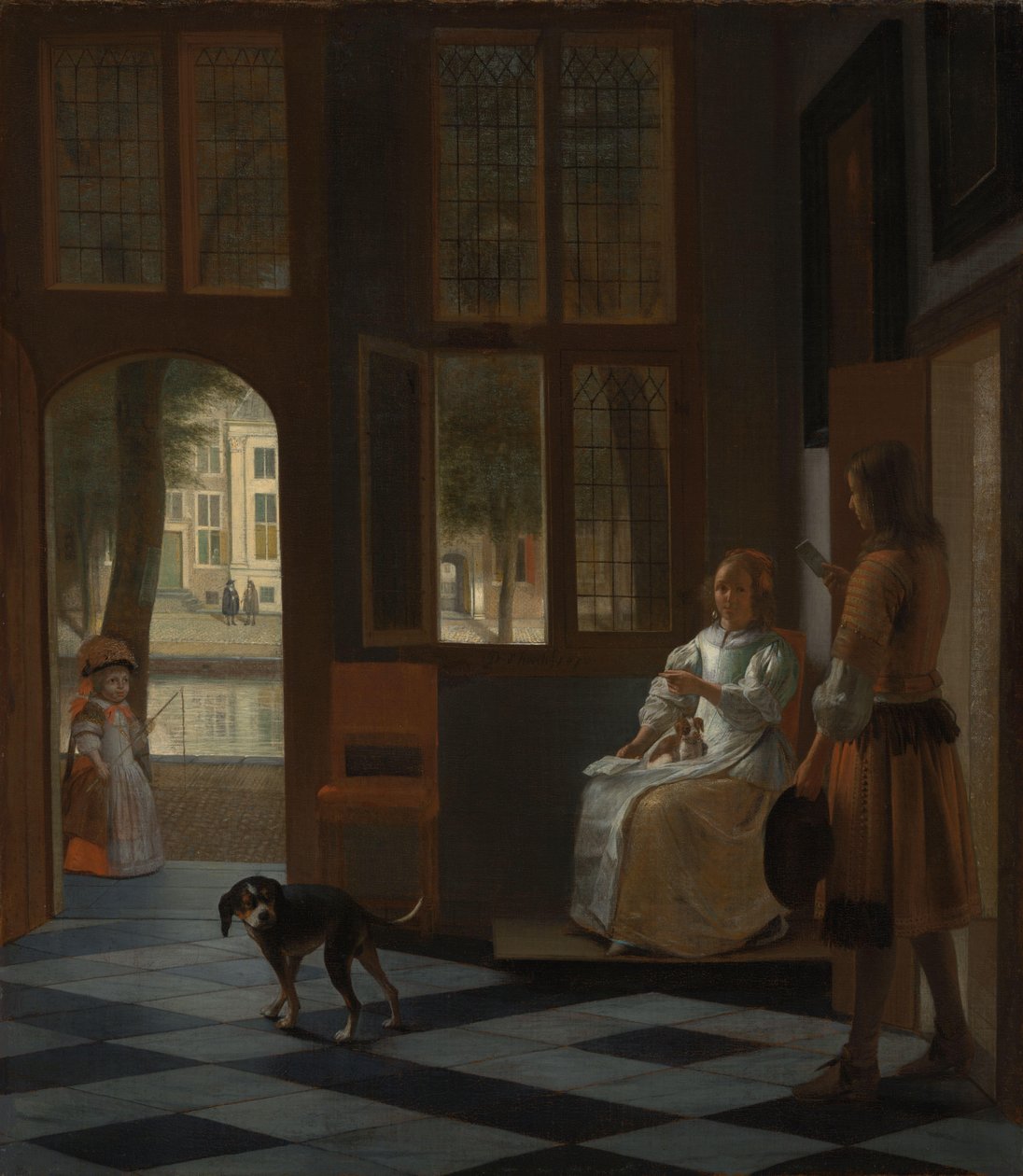 Hombre entregando una carta a una mujer en el vestíbulo de una casa de Pieter de Hooch