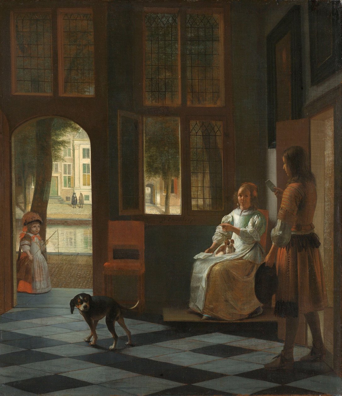 Hombre entregando una carta a una mujer en el vestíbulo de una casa de Pieter de Hooch