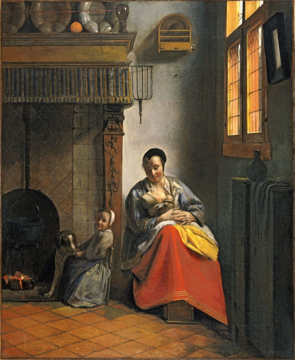 Mujer amamantando a un bebé, con un niño y un perro de Pieter de Hooch