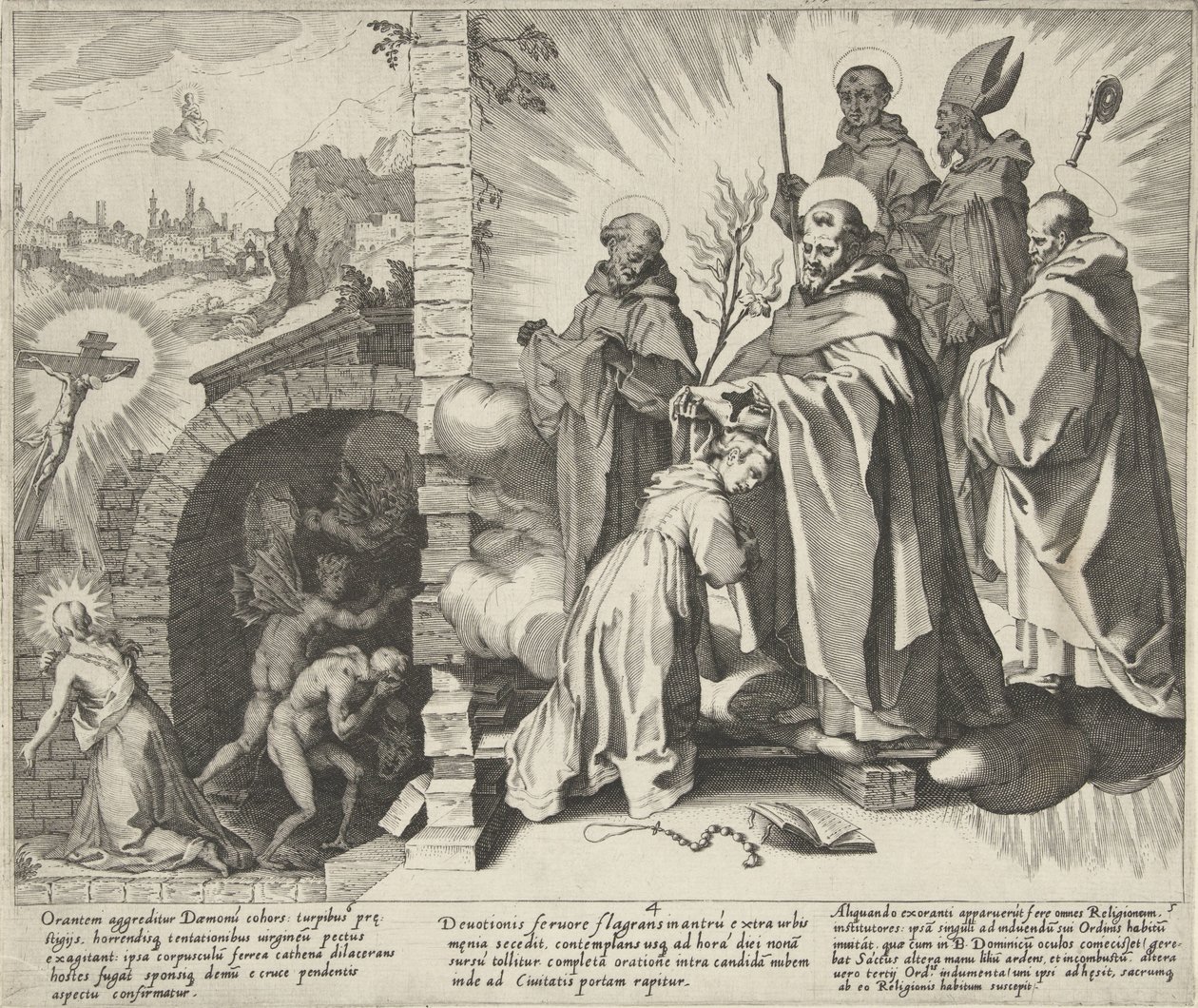 Catharina biddend / Visioen van Catharina / Catharina wordt Dominicanes Scènes uit het leven en wonderen van de Heilige Catharina van Siena (título de la serie) Vida, muerte y milagros seleccionados de B. Catalina la Mayor (...) (título de la serie) de Pieter de Jode (I)