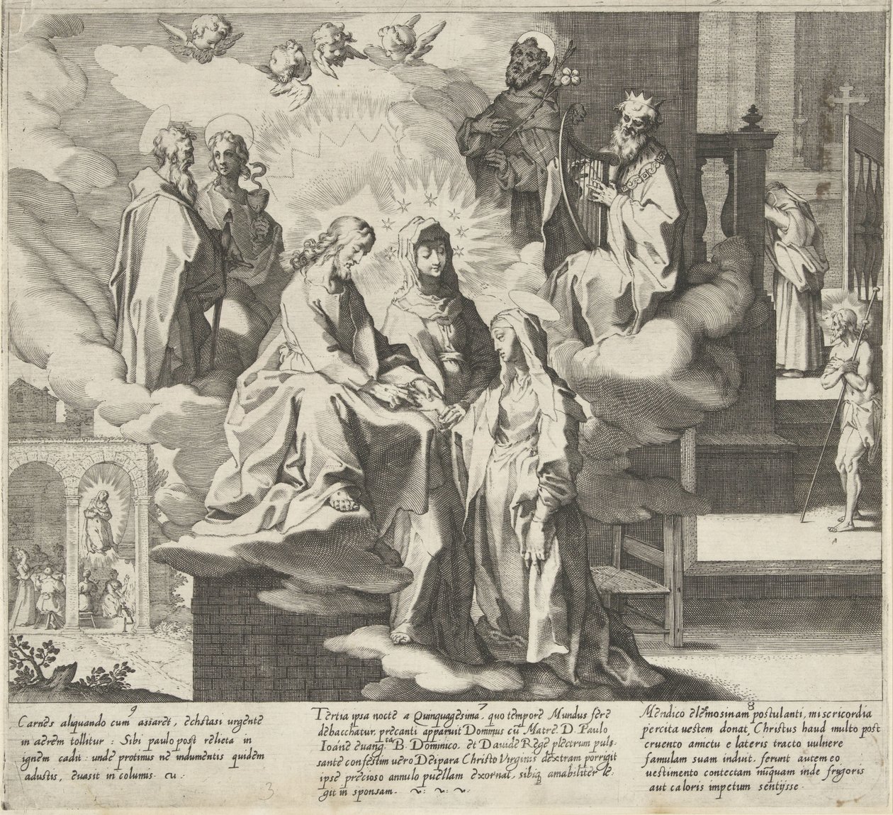 Catalina aparece / La boda de Catalina / Catalina comparte su capa Escenas de la Vida y Milagros de Santa Catalina de Siena (título de la serie) Vita mors gesta, et miracula quaedam selecta B. CATHERINAE SENENSIS (...) (título de serie) de Pieter de Jode (I)