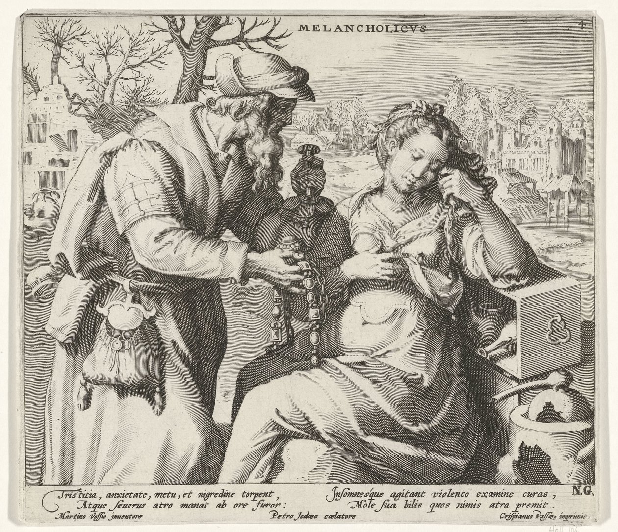 El temperamento melancólico Melancholicvs (título sobre objeto) Los cuatro temperamentos (título de la serie) de Pieter de Jode (I)