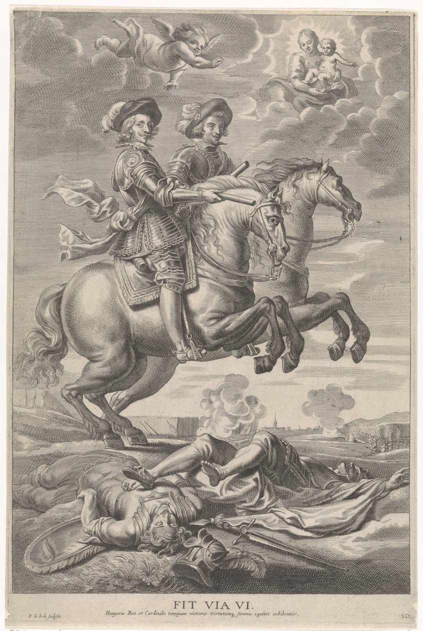 Fernando de Austria con Fernando, rey de Bohemia y Hungría, a caballo en la victoria de Nördlingen Entrada gozosa del Cardinal-Infant en Gante, 1635 (título de la serie) de Pieter de Jode (II)