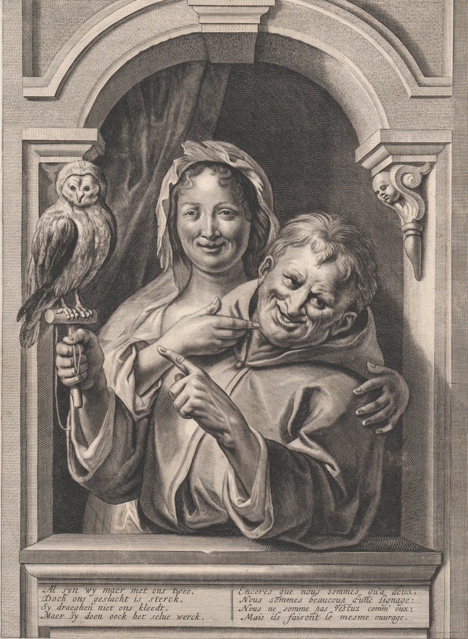 Un tonto con un búho y una mujer en una ventana, siglo XVII de Pieter de Jode II
