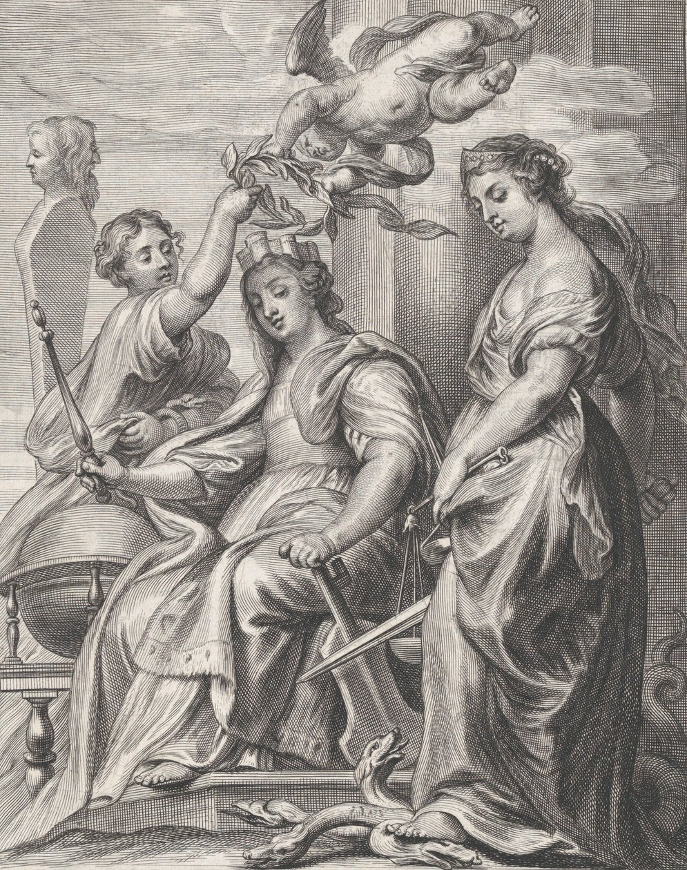 Alegoría del Buen Gobierno, sentado en el centro y coronado por un putto y una mujer, ca. 1640-74 de Pieter de Jode II