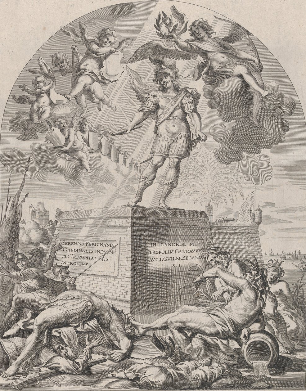 Placa 1: Fernando como Marte, de pie sobre un pedestal, de 