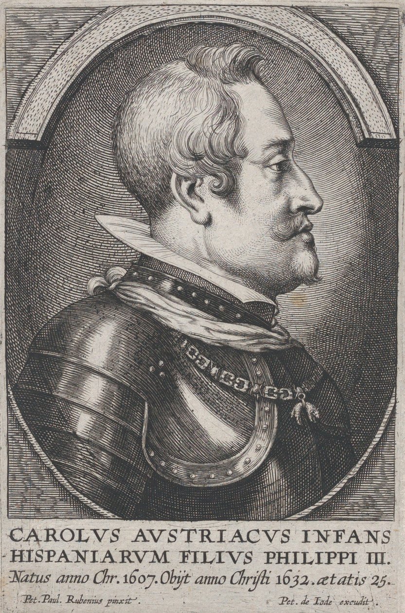 Retrato de Carlos de Austria, Infante de España, de perfil a la derecha de Pieter de Jode II