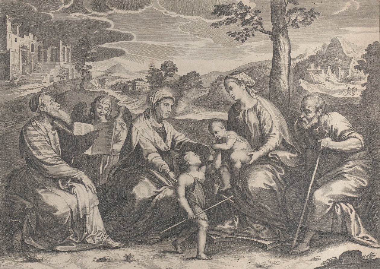 La Sagrada Familia a la derecha, con el infante San Juan Bautista, Isabel, Zacarías..., 1631-37 de Pieter de Jode II