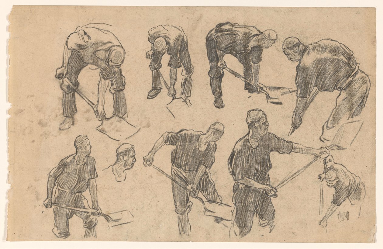 Hoja de estudio con bocetos de un trabajador que escupe de Pieter de Josselin