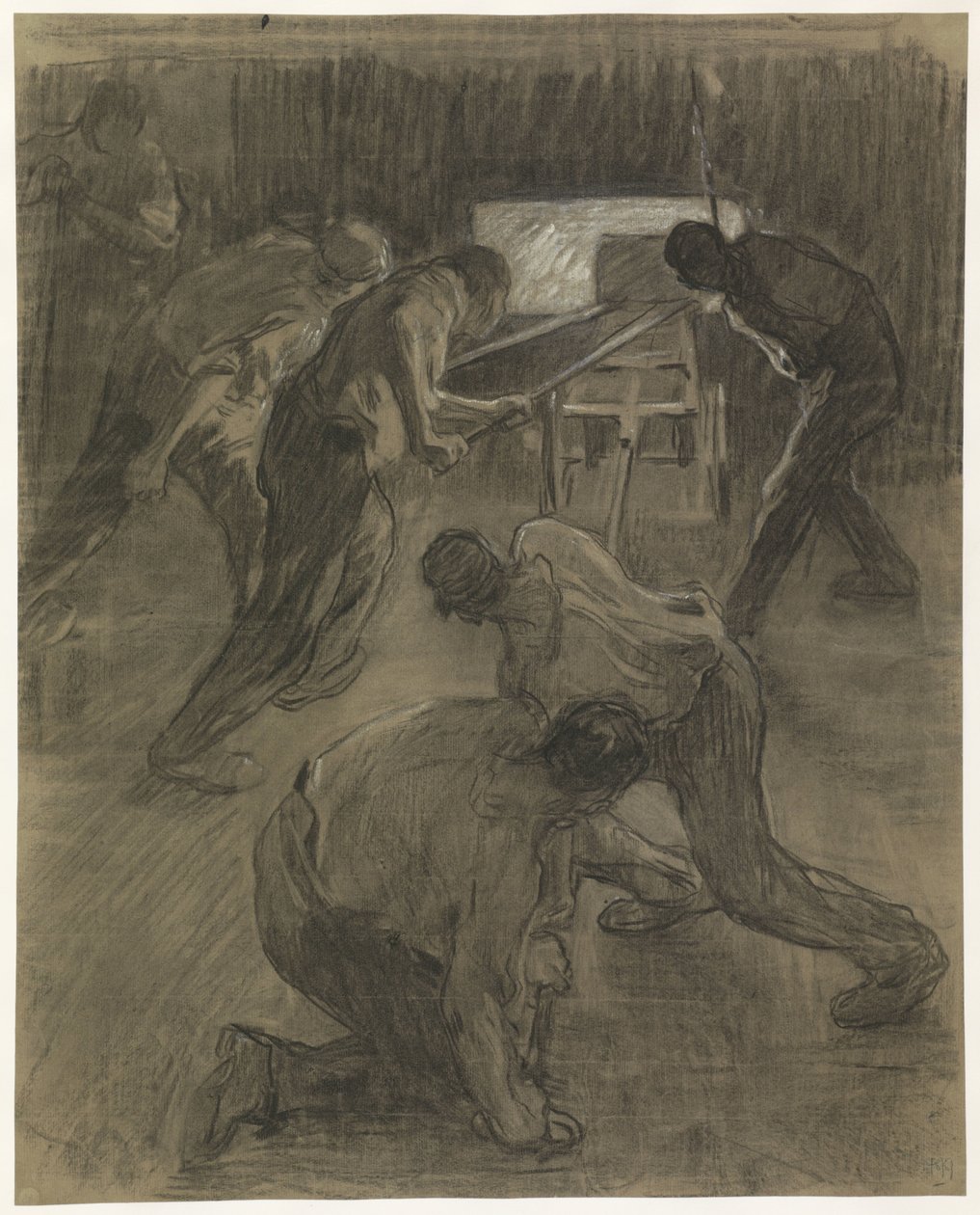 Seis trabajadores trabajando en los altos hornos de Pieter de Josselin