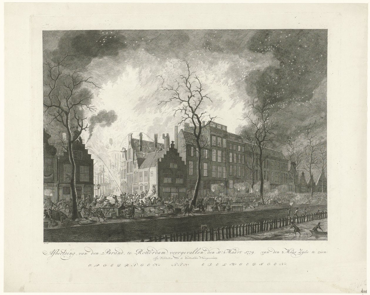 Incendio en Pottery Alley en Rotterdam, 1779 Imagen, van den Brand, ocurrido en Rotterdam, el 11. Marzo de 1779. van den Maas Silk en exhibición (título sobre el objeto) de Pieter de Mare