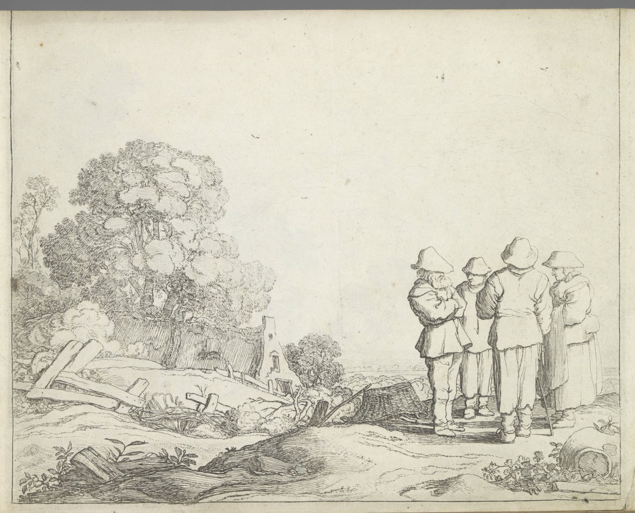 Paisaje con tres granjeros y la esposa de un granjero. Paisajes con figuras (título de serie) Espejo de la Naturaleza y Escuela de Dibujo (...) (título de la serie) de Pieter de Molijn