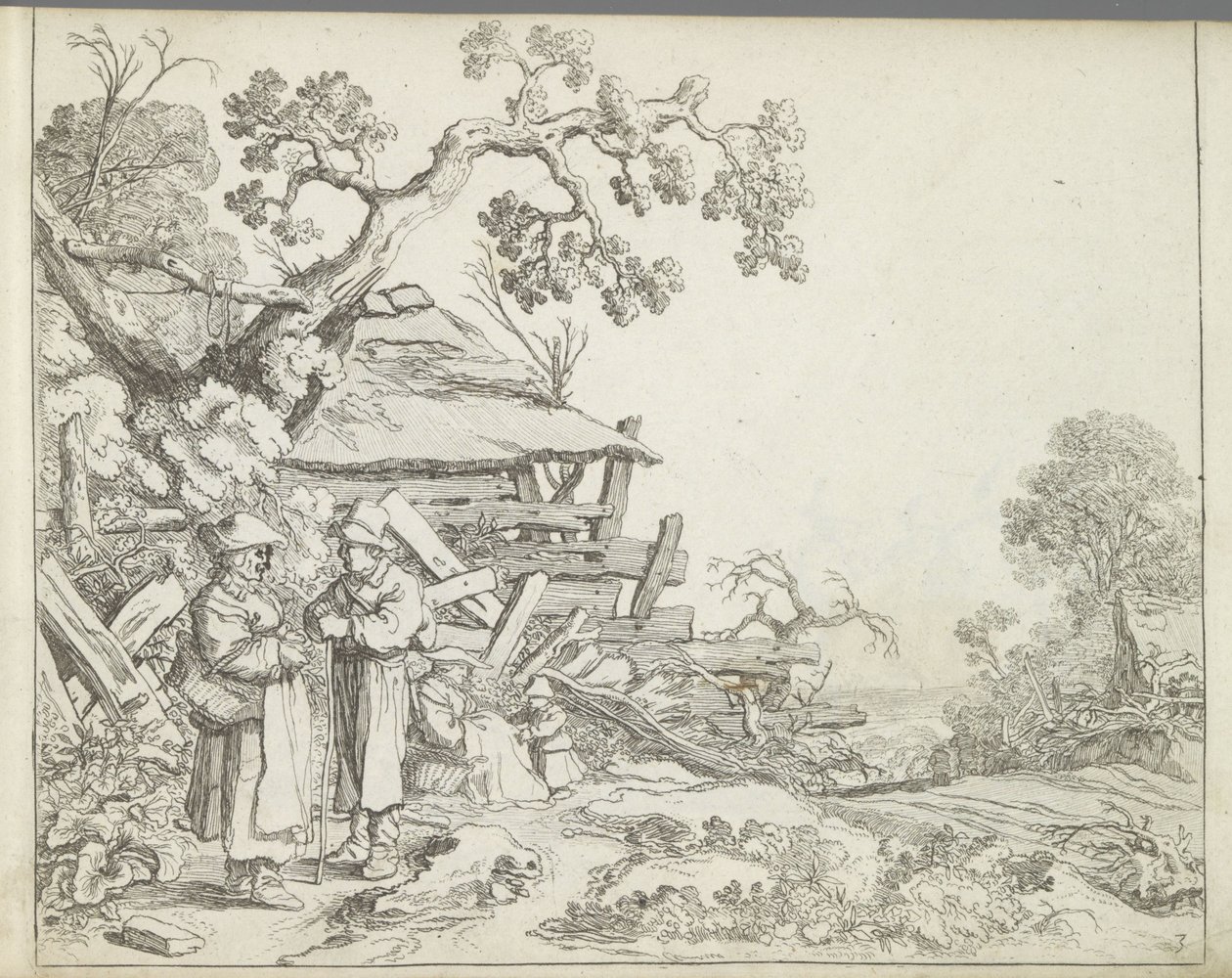 Paisaje con un granjero y su esposa. Paisajes con figuras (título de serie) Espejo de la Naturaleza y Escuela de Dibujo (...) (título de la serie) de Pieter de Molijn