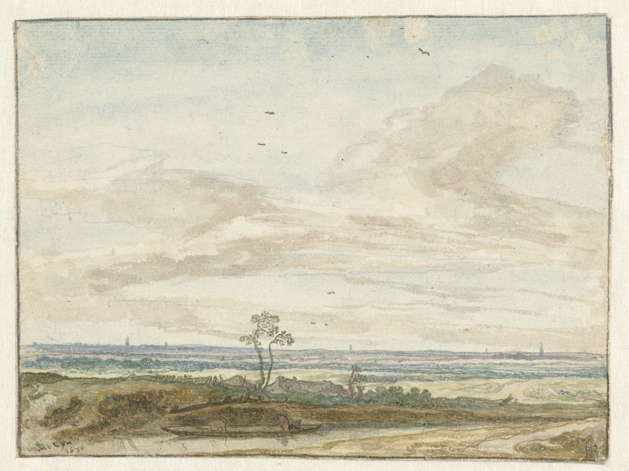 Amplio paisaje con una carretera a lo largo de un canal de Pieter de Molijn