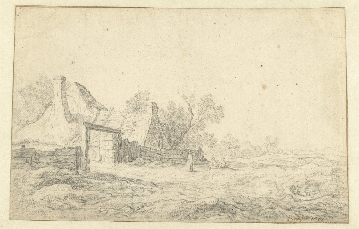 Paisaje de dunas con tres figuras delante de una granja de Pieter de Neyn