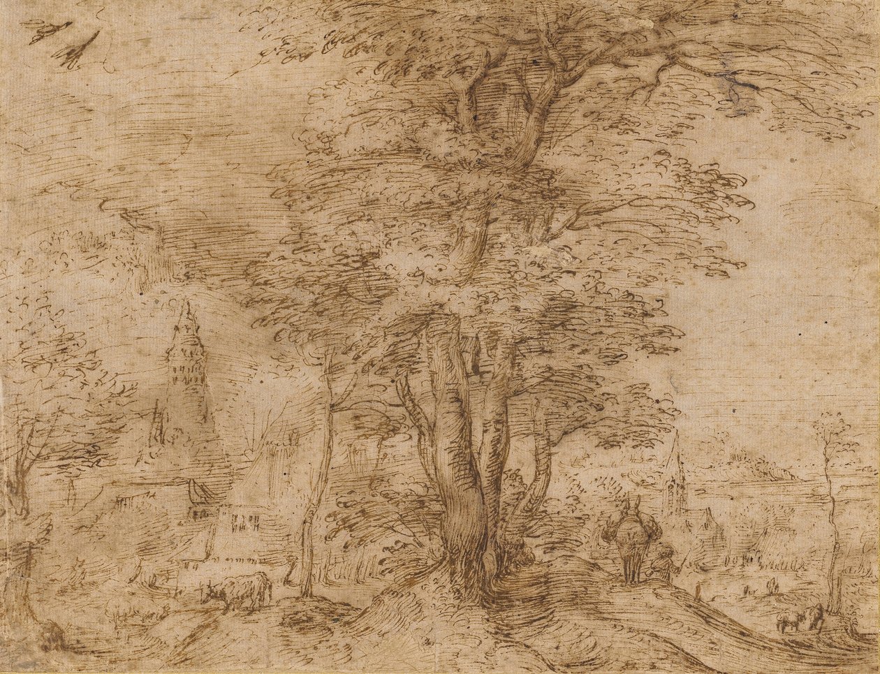 Un pueblo con un grupo de árboles y una mula, c.1552-54 de Pieter Bruegel the Elder
