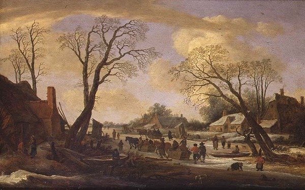 Un paisaje fluvial de invierno con campesinos y trineos tirados por caballos de Pieter the Elder Molyn