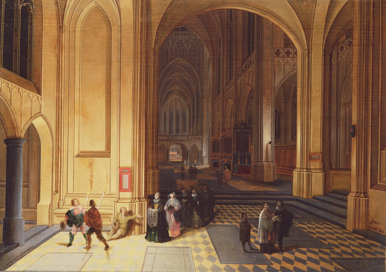 Interior de una catedral con un mendigo y otras figuras de Pieter the Elder Neeffs
