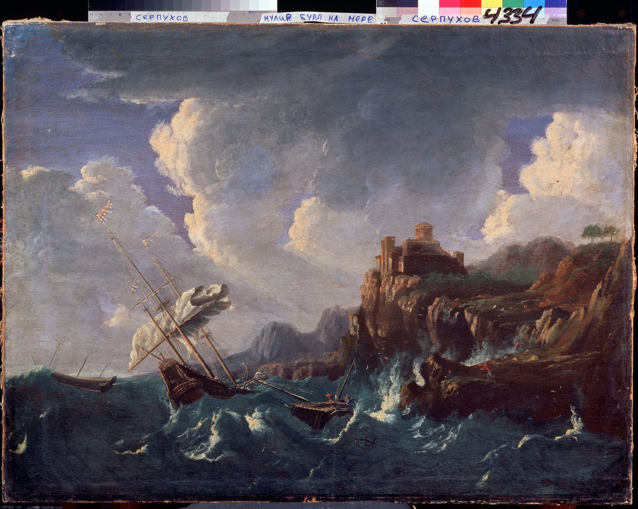 Mar tormentoso. Mar tormentoso. Pintura de Pieter Mulier II el Joven (o Pietro Mulieribus o Pietro Cavaliere Tempesta) (1637-1701). Arte holandés, estilo barroco. Óleo sobre tela. Museo Estatal de Historia y Arte, Serpukhov (Serpukhov). de Pieter the Younger Mulier