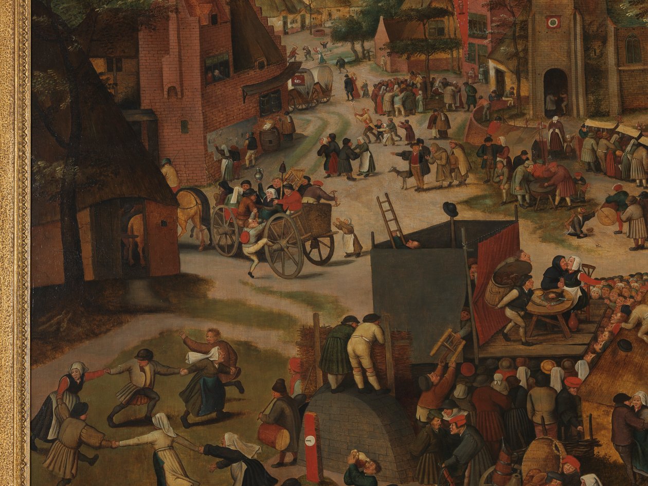 Festival de un pueblo, con una representación teatral y una procesión en honor a San Huberto y San Antonio de Pieter Brueghel the Younger